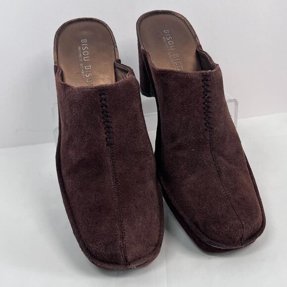 Brown Leather Suede Square Toe Mule High Heel Sz 8.5M Slip On Bisou Bisou - Picture 4 of 14